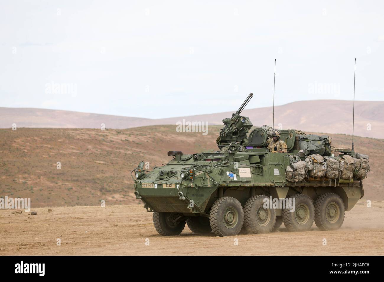 June 8, 2022 - Yakima, Washington, USA - A U.S. Army Stryker assigned to 1st Battalion, 17th Infantry Regiment, 2nd Stryker Brigade Combat Team, 7th Infantry Division drives to the staging point in preparation for a blank-fire movement to contact exercise at Yakima Training Center June 8, 2022. Operation Lancer Scorch, which ran from May 20 to June 16, 2022, was an opportunity for the 2-2 SBCT to focus on its infantry company lethality through a complete integration of engineers, cavalry, electronic warfare and other assets. (Credit Image: © U.S. Army/ZUMA Press Wire Service/ZUMAPRESS.com) Stock Photo