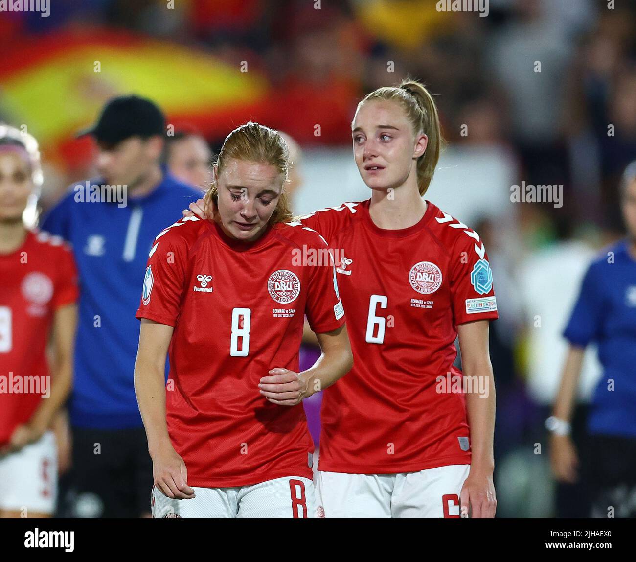 London, UK. 16th July, 2022. Sara Holmgaard of Denmark with Karen Holmgaard of Denmark at the final whistle during the UEFA Women's European Championship 2022 match at Brentford Community Stadium, London. Picture credit should read: David Klein/Sportimage Credit: Sportimage/Alamy Live News Stock Photo
