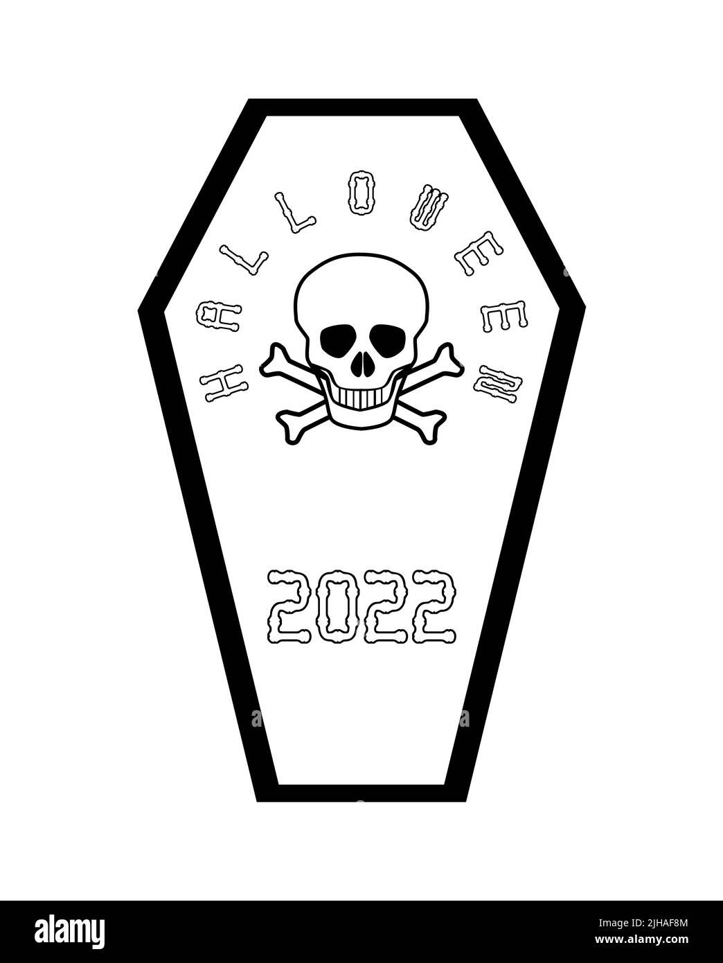 A Halloween 2022 open coffin with textr and a grinning white skull isolated on a white background Stock Photo
