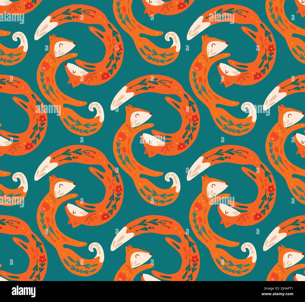 Seamless pattern of dancing orange folk art foxes on turquoise background. Vector animalistic texture love and family. Background with animals Stock Vector