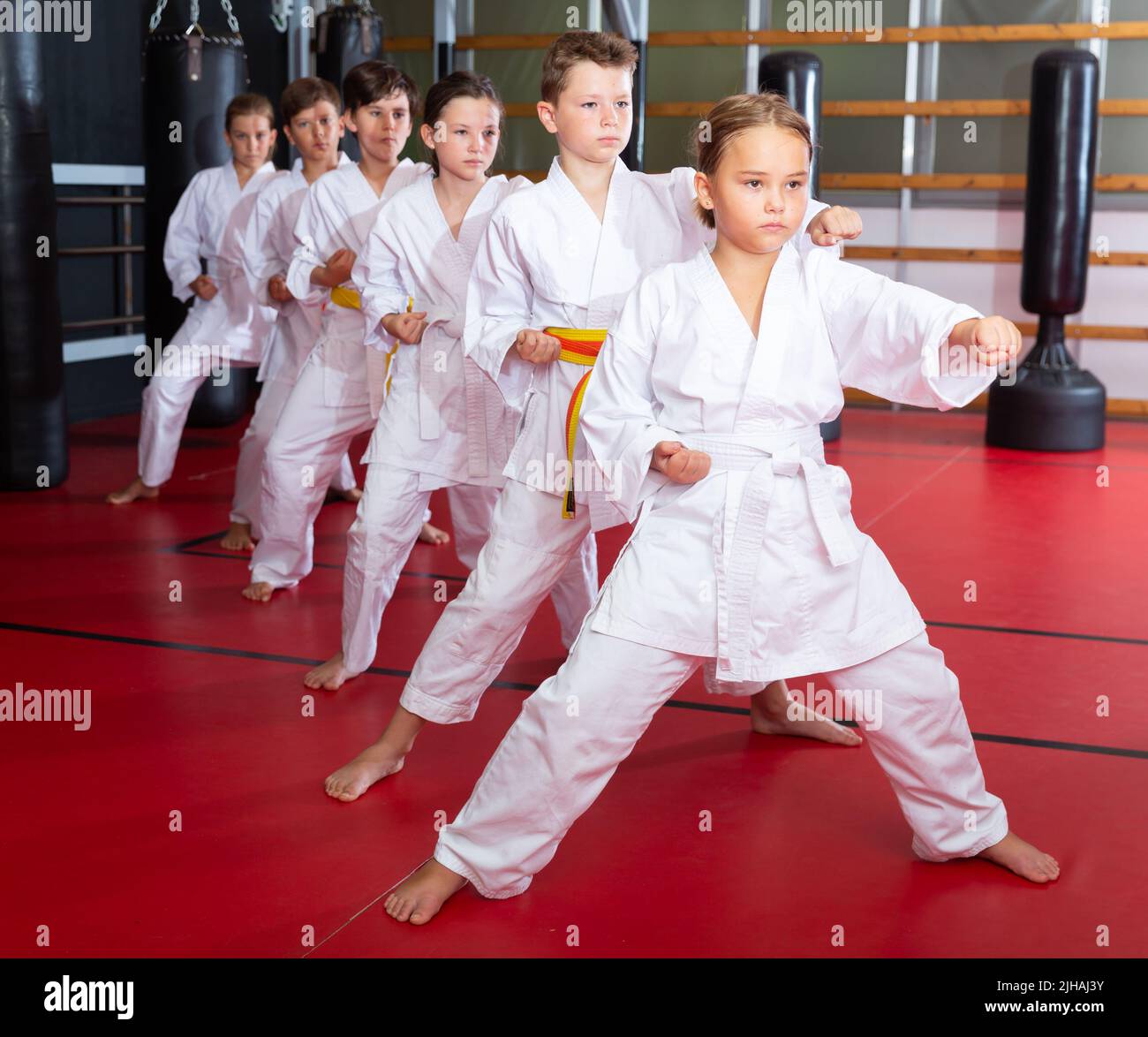 Karate kids in kimono performing kata moves Stock Photo Alamy