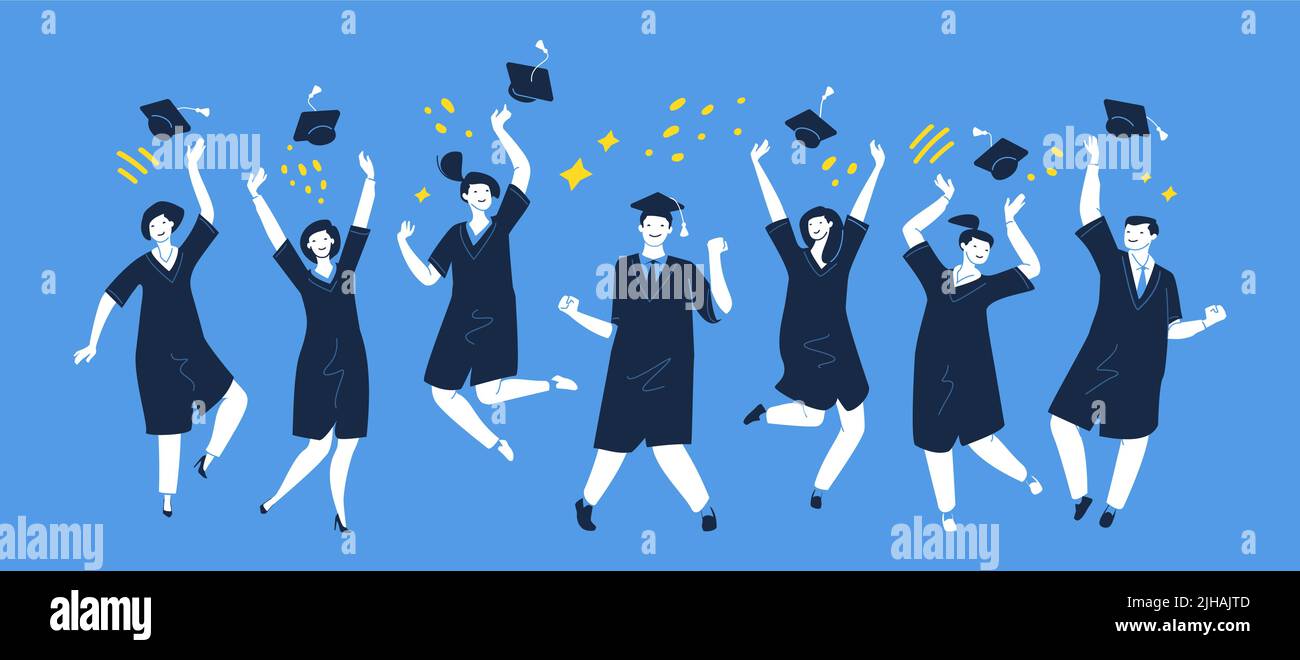 Graduation day! Group of multiracial graduates or students throwing graduation hats in the air celebrating. Vector Stock Vector