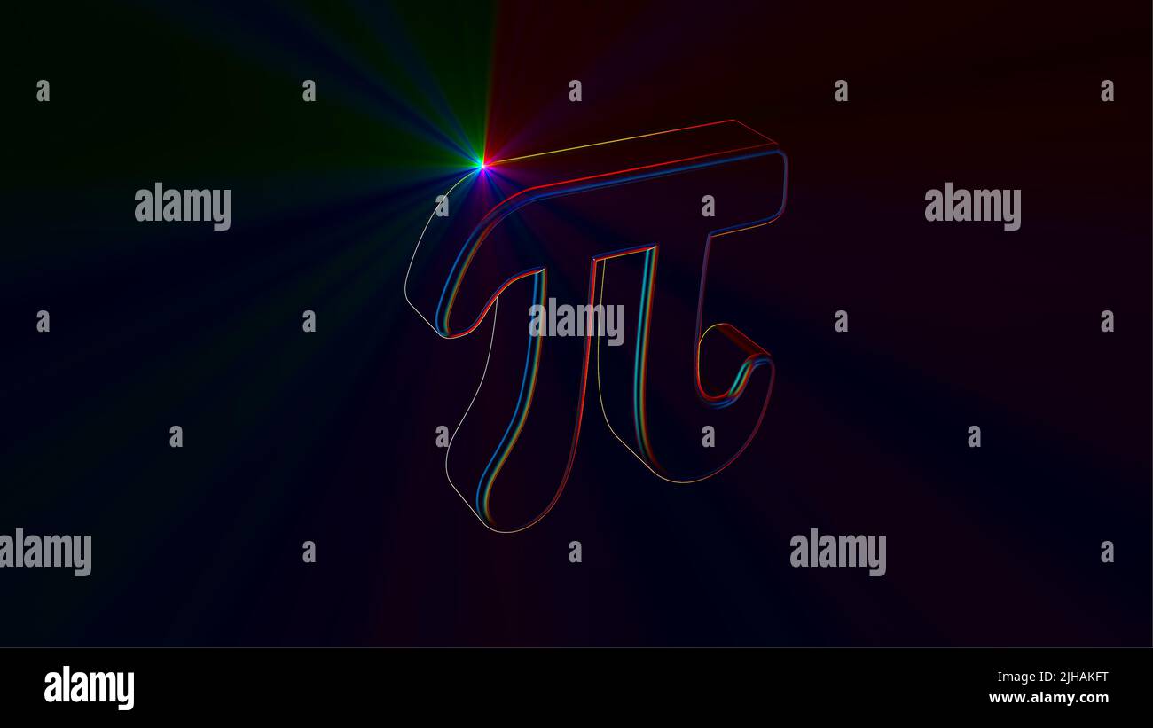 Colorful Neon 3D pi symbol on black background. Beaming colorful light. Stock Photo