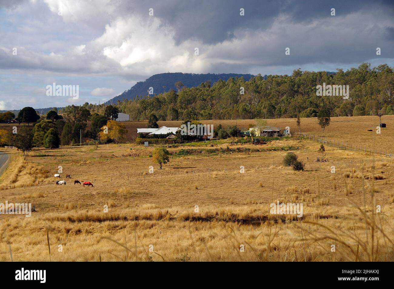 Tamborine Mountain seen from grassy farmland, inland to the west. Dry, parched, winter landscape with gathering clouds. Scenic Rim, Australia. Stock Photo