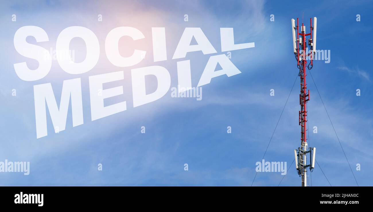 Communication and connection concept. Against the background of a blue sky with clouds it is written - SOCIAL MEDIA Stock Photo