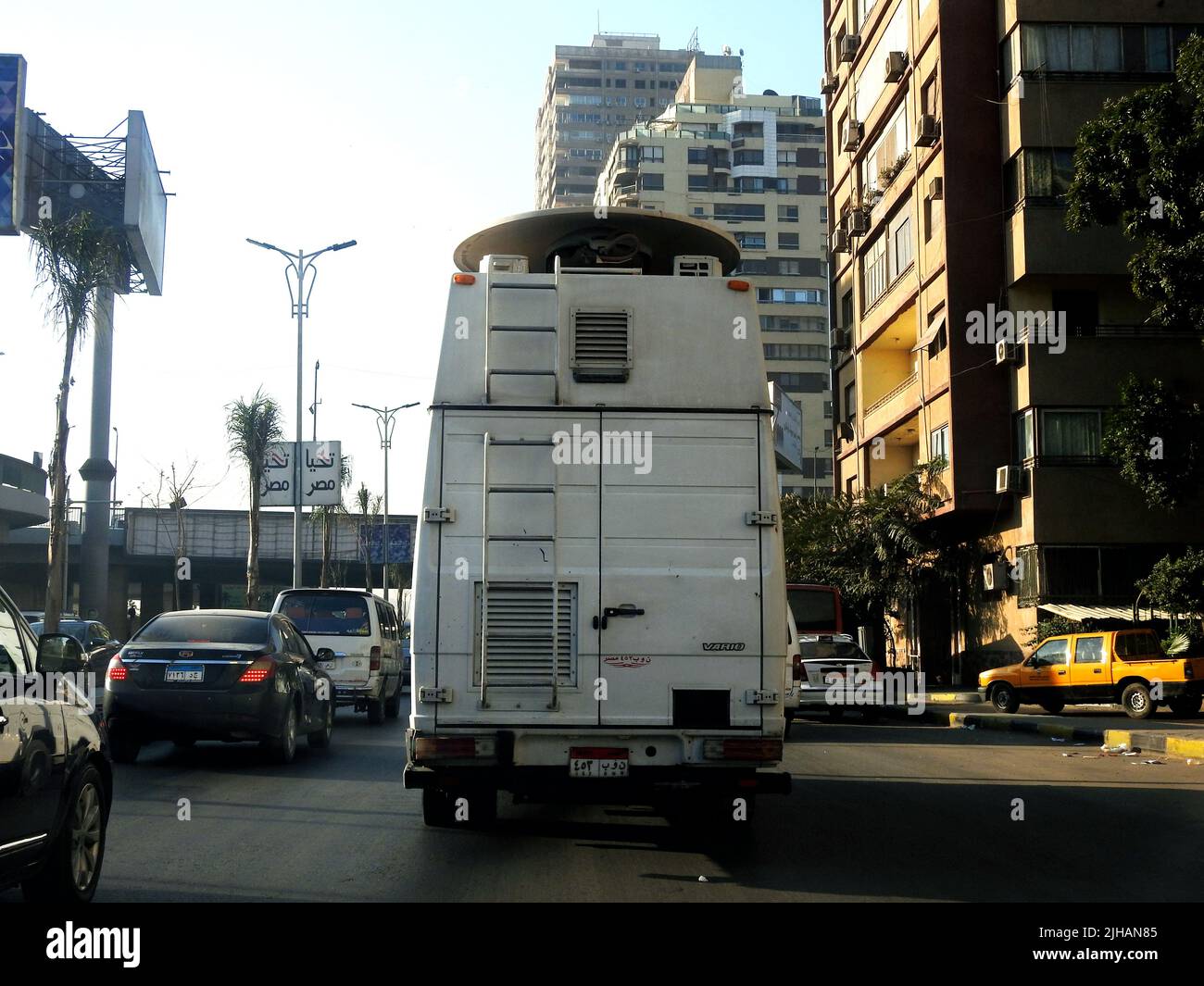 Giza, Egypt, March 13 2022: A broadcast car that used for outside studios external broadcasting and it's connected to Artificial satellites directly b Stock Photo