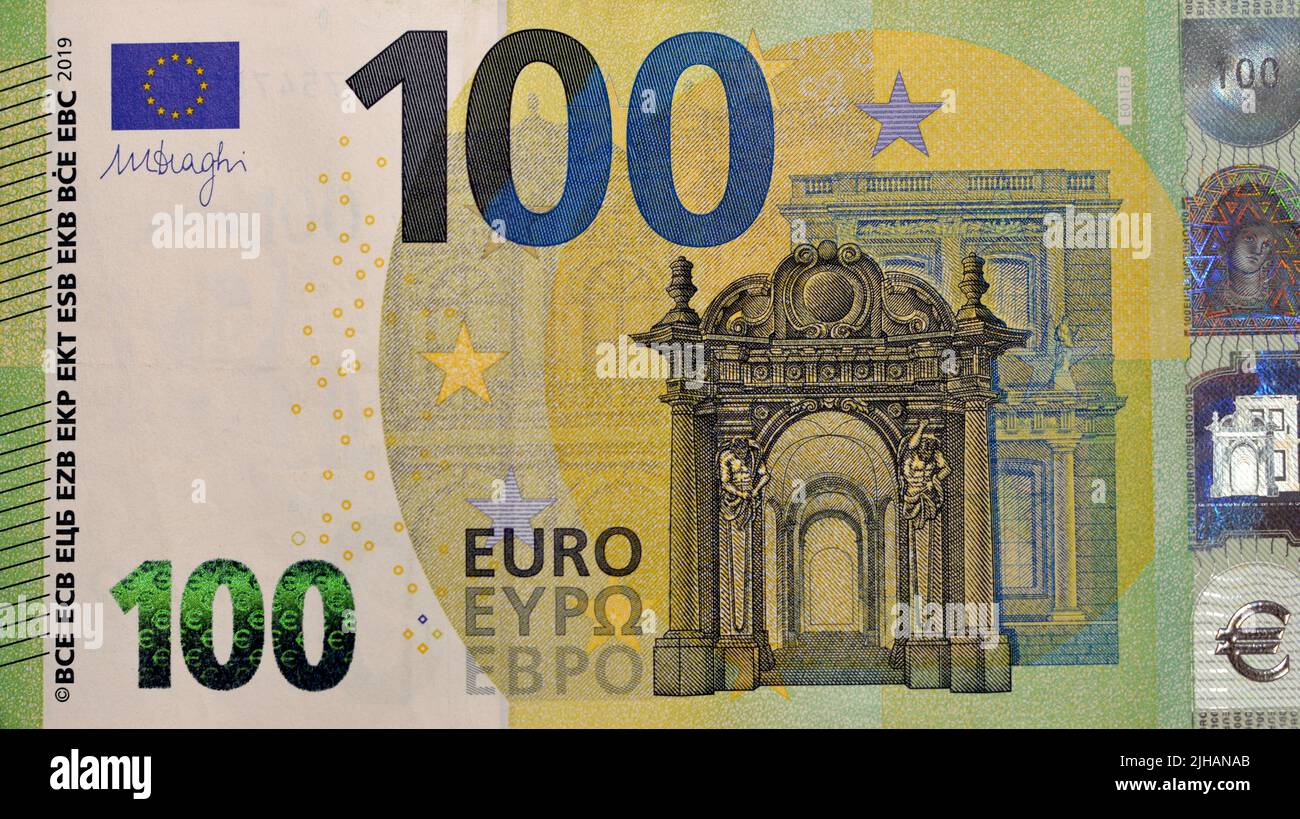 large fragment of obverse side of €100 one hundred Euro bill banknote, currency of the European Union with Baroque and rococo style architecture on de Stock Photo