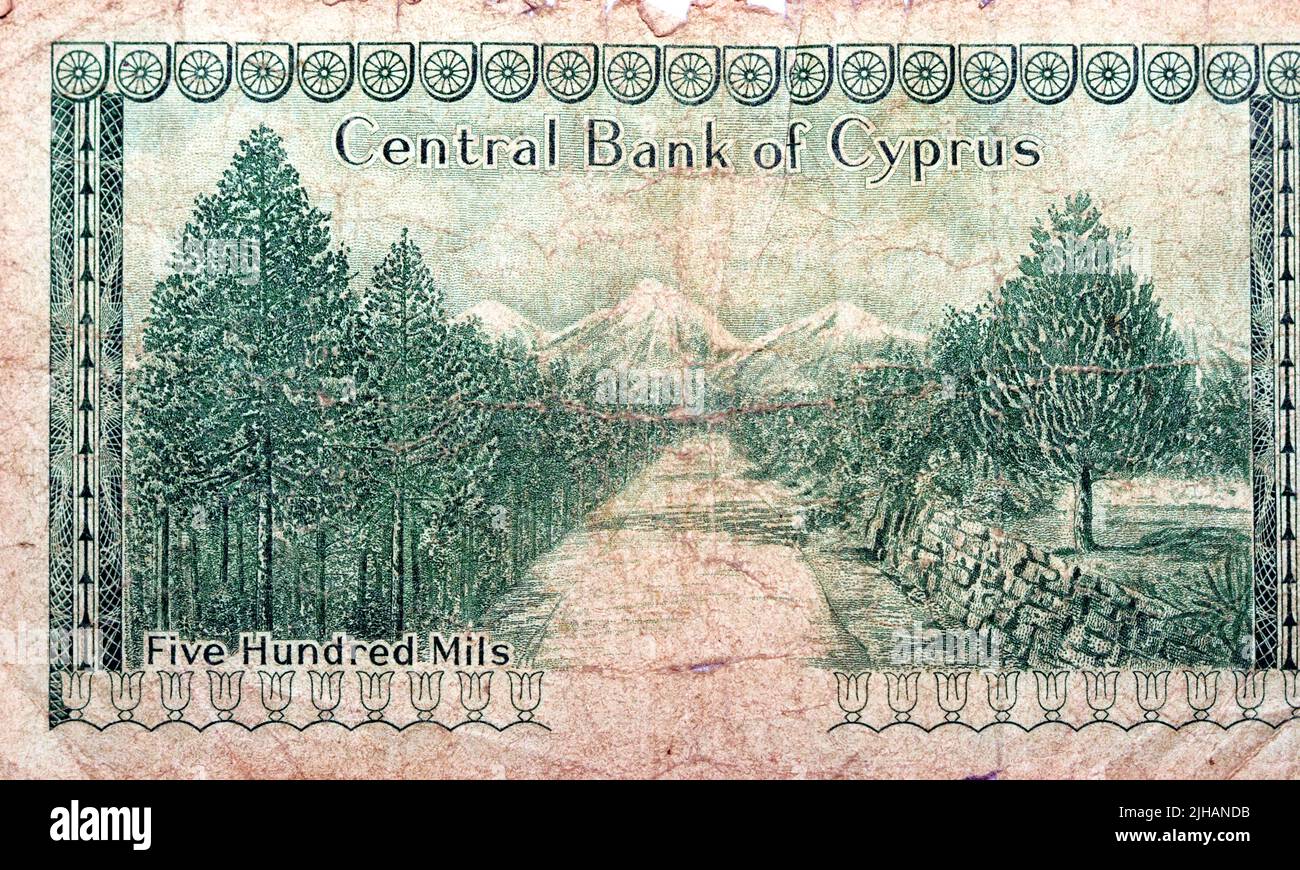 Large part of back side of the 500 five hundred Mils banknote Cyprus Year 1974 equals 0.5 Cypriot pounds , non circulating anymore, reverse side shows Stock Photo