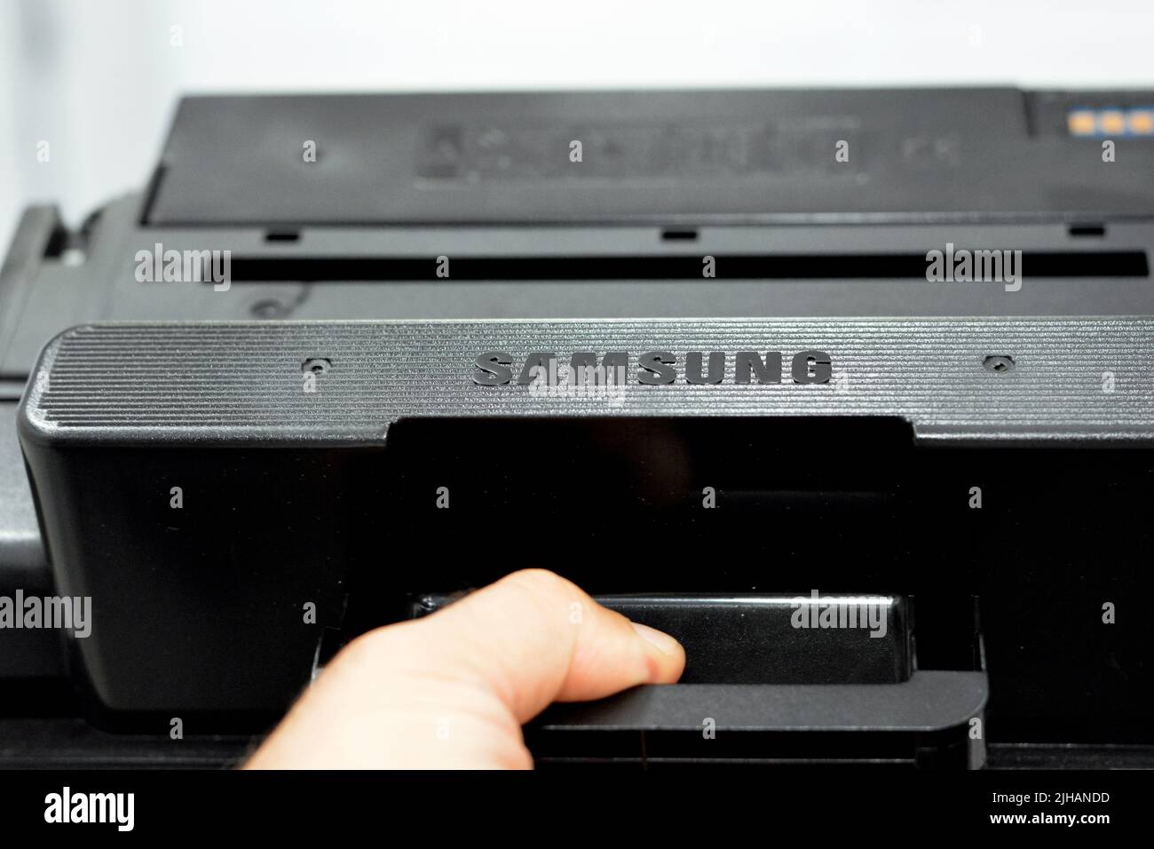 Cairo, Egypt, June 6 2021 Samsung printer ink cartridge replacement