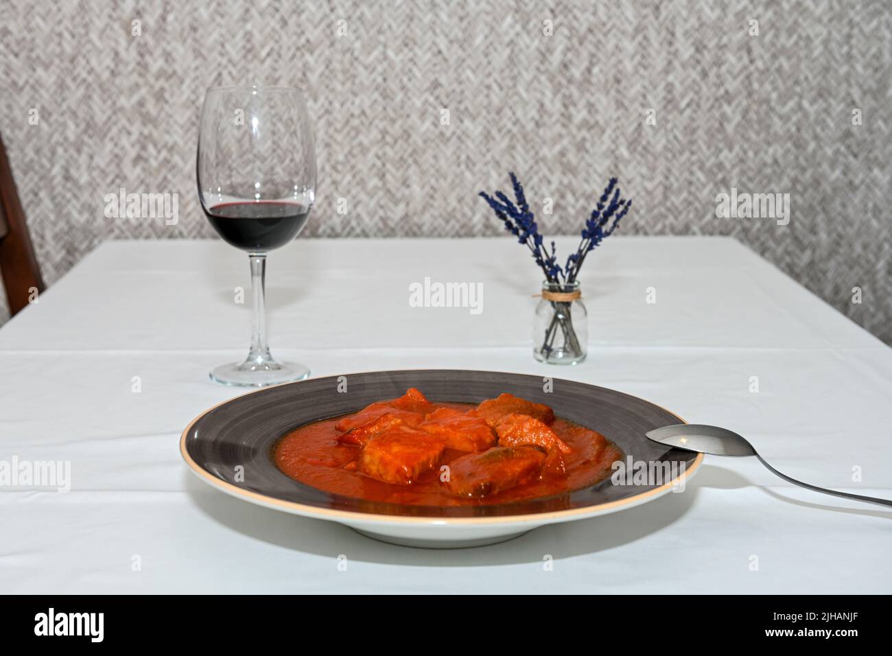 Almadraba red tuna fry, served in the restaurant Stock Photo