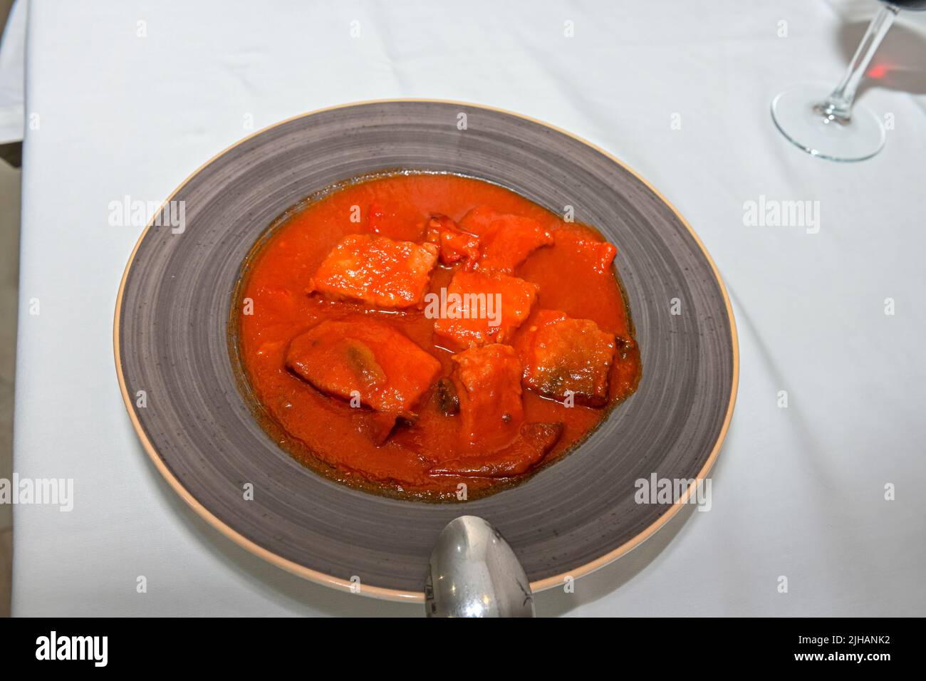 Almadraba red tuna fry, served in the restaurant Stock Photo