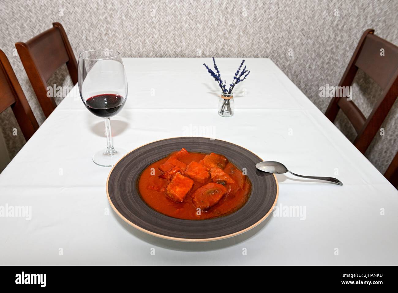 Almadraba red tuna fry, served in the restaurant Stock Photo