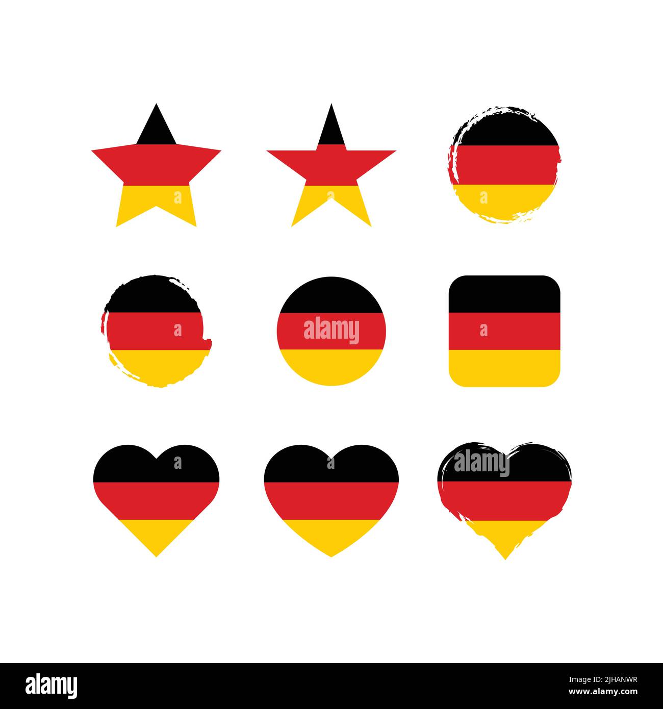 Germany vector circle and heart flag set. German dry brush and grunge effect stamp flags. Stock Vector