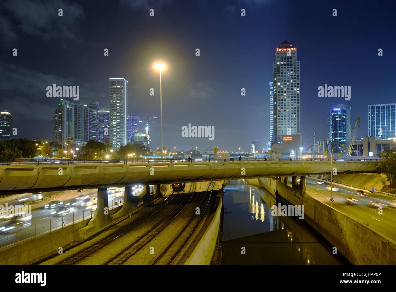 Tel Aviv, Israel - March 20, 2014: Night view of car traffic on the bridge across Ayalon river Stock Photo
