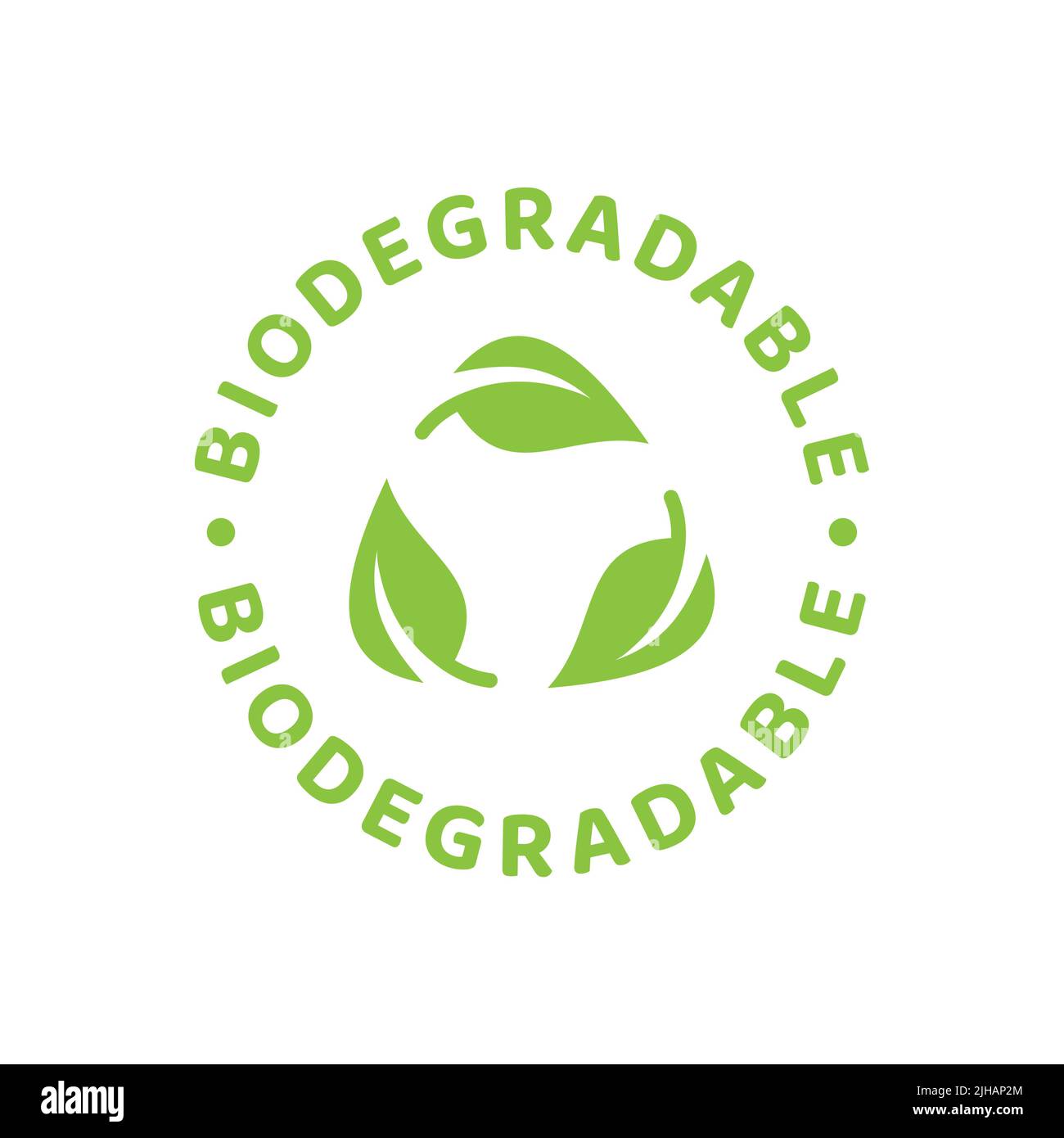 Biodegradable label in green with leaf and circle. Eco packaging recyclable symbol. Stock Vector