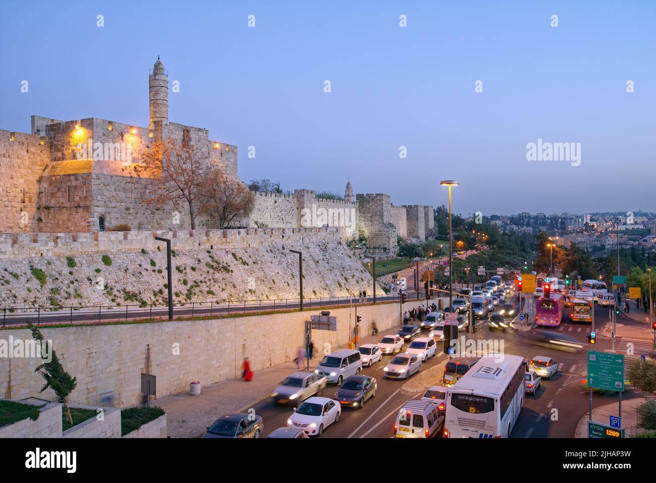 Jerusalem, Israel - March 20, 2014: Car traffic under the walls of the Old City in the night Stock Photo
