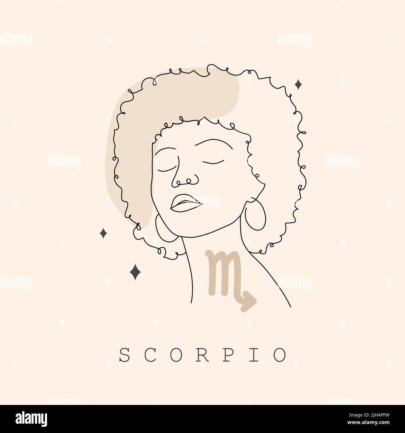 Scorpio zodiac sign. One line drawing. Astrological icon with abstract woman face. Mystery and esoteric outline logo. Horoscope symbol. Linear vector Stock Vector
