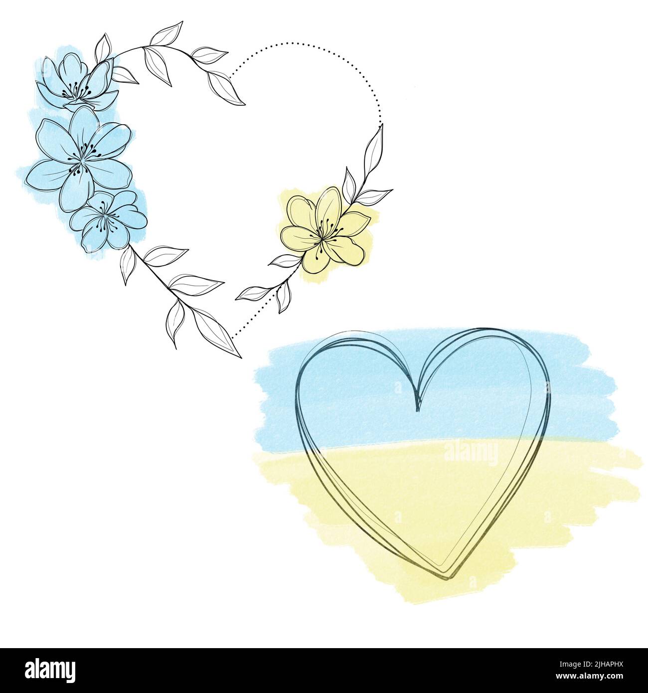 a set of sketches for a patriotic tattoo: flowers and hearts from the colors of the flag of ukraine . Flowers Periwinkle. Hand drawing. botany design Stock Photo