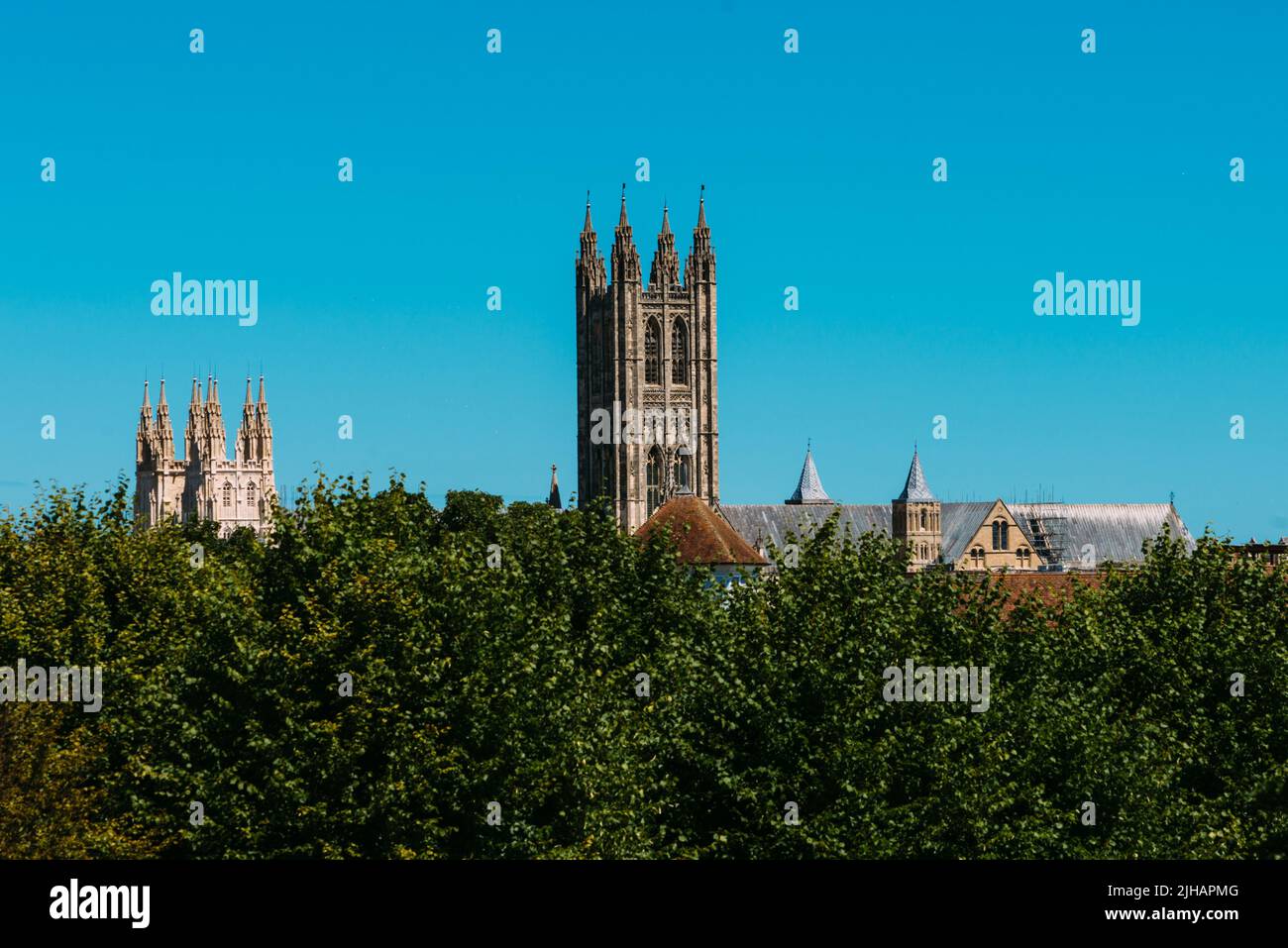 Panoramic view of Gothic Canterbury Cathedral at sunset, one of the oldest and most important Christian sites in England Stock Photo