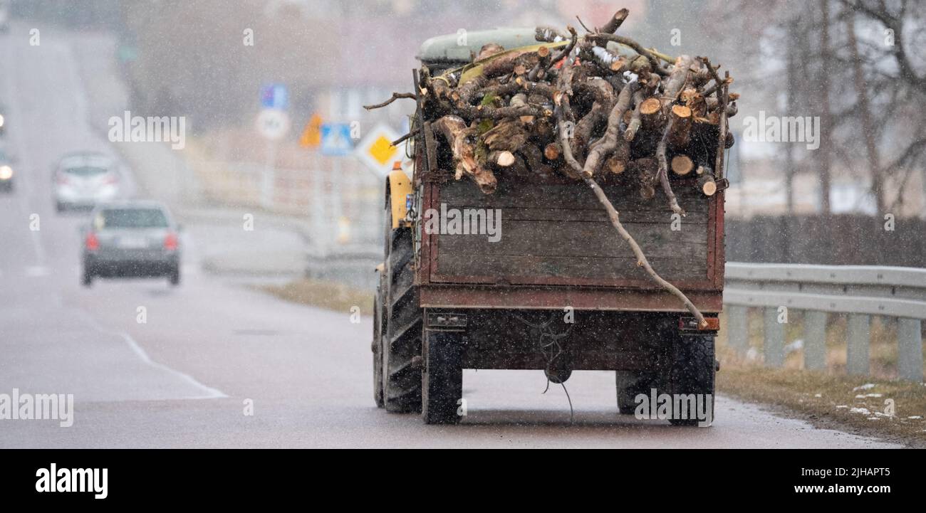 Tractor with a trailer loaded with wood on the road during snowfall