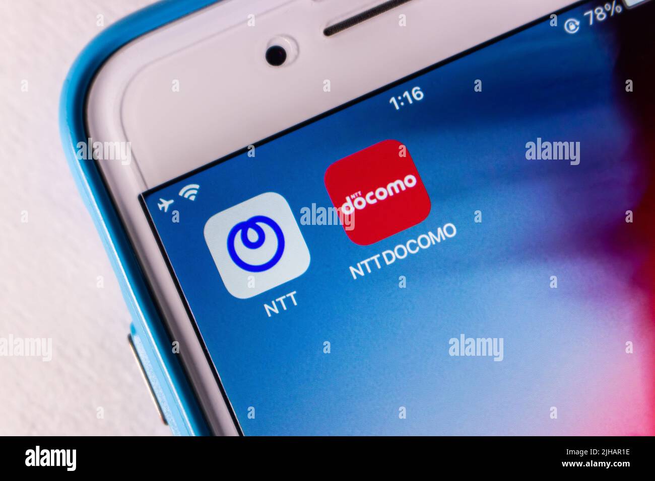 Kumamoto, JAPAN - Jul 14 2022 : A Japanese telecommunications company NTT and a Japanese mobile phone operator NTT Docomo icons on an iPhone screen. Stock Photo