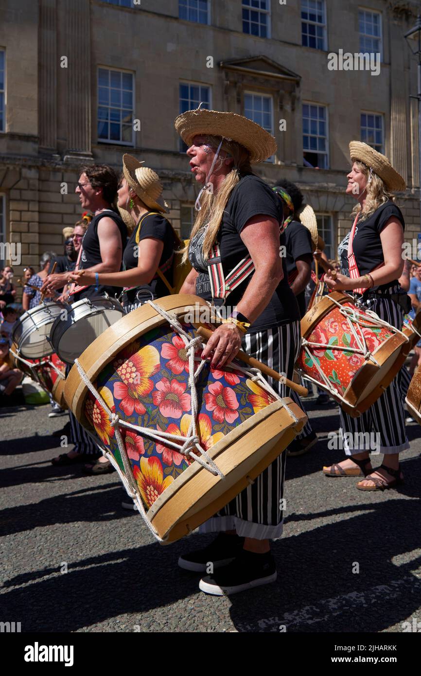 Drumming band performing at the annual carnival in the historic city of Bath in Somerset. Stock Photo
