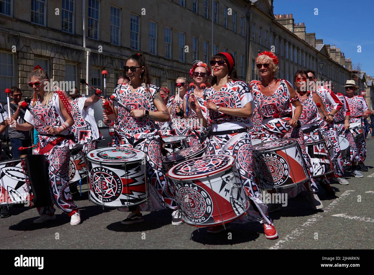 Drumming band performing at the annual carnival in the historic city of Bath in Somerset. Stock Photo