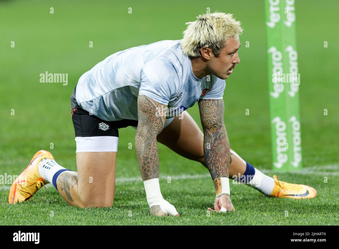 SYDNEY, AUSTRALIA - JULY 16: Jack Nowell of England stretches before game three of the International Test Match series between the Australian Wallabies and England at the SCG on July 16, 2022 in Sydney, Australia Credit: IOIO IMAGES/Alamy Live News Stock Photo