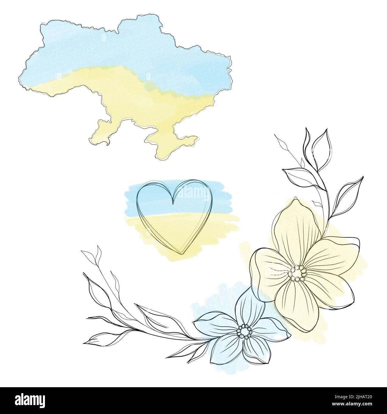 a set of sketches for a patriotic tattoo: flowers and hearts from the colors of the flag of ukraine . Flowers Periwinkle. Hand drawing.  Stock Photo
