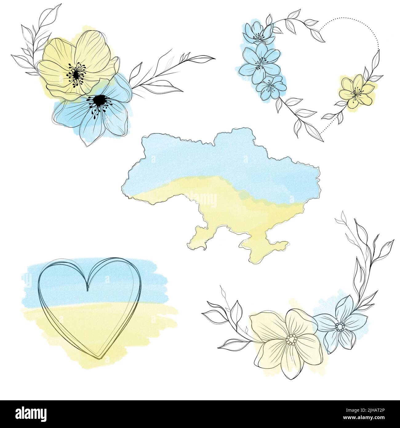 a set of sketches for a patriotic tattoo: flowers and hearts from the colors of the flag of ukraine . Flowers Periwinkle. Hand drawing.  Stock Photo