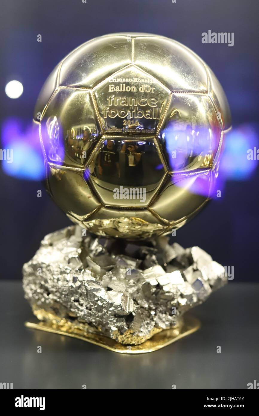 Ballon d'Or. Golden Ball. Award for the best soccer player during a season. Prize in the tour of the Santiago Bernabu, in Madrid, Spain. Stock Photo