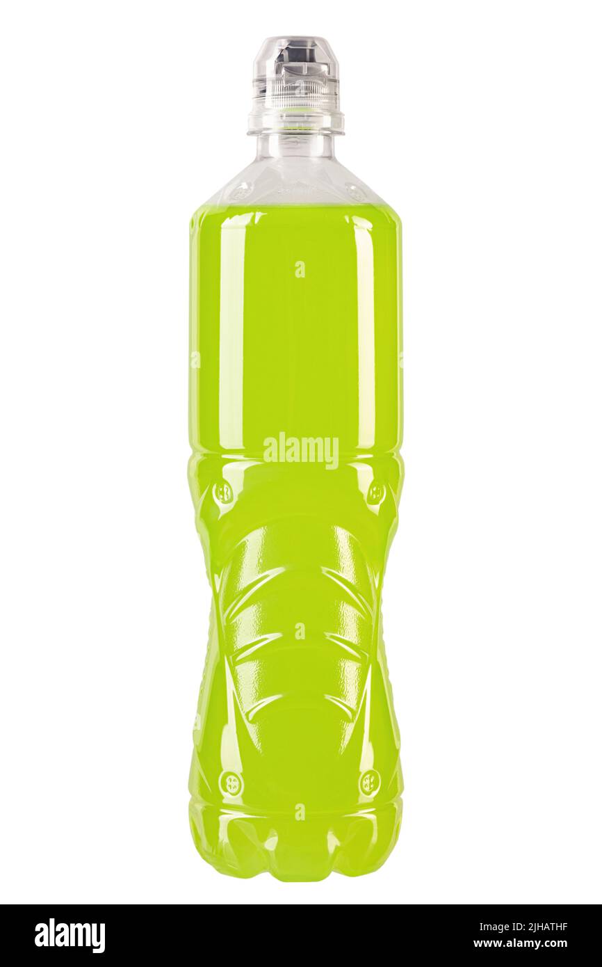 Plastic bottle with light green drink isolated on white background. The