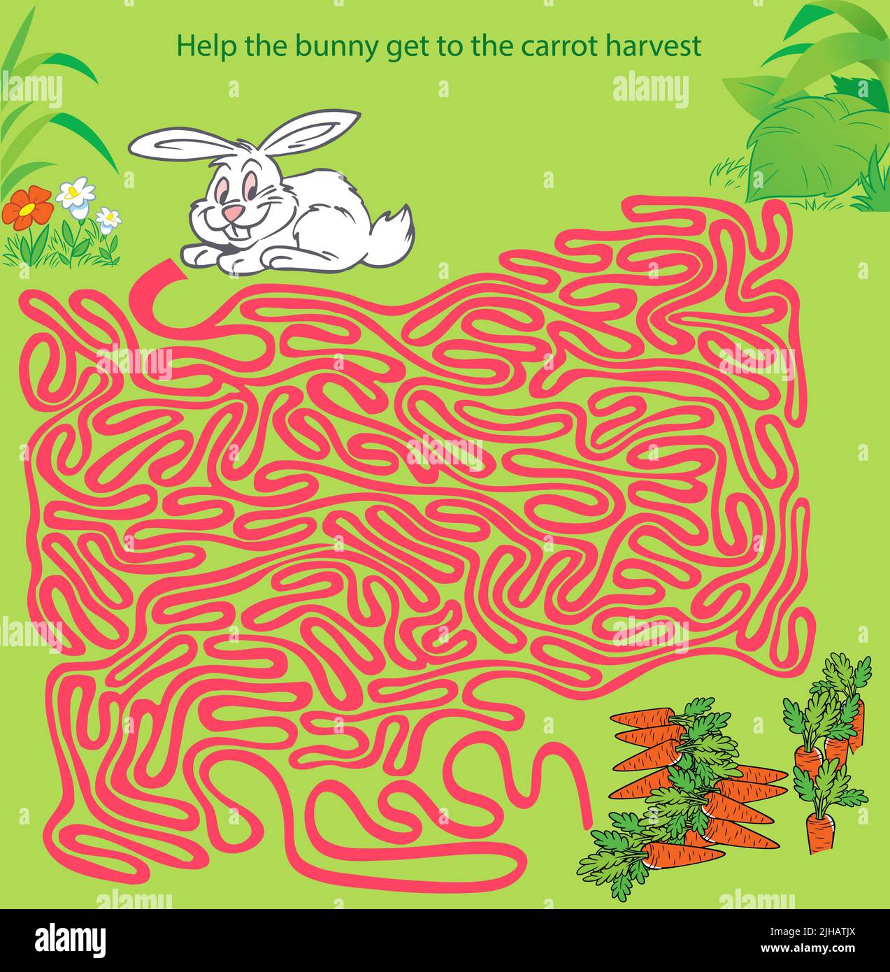 The maze is a puzzle where you need to help the hare get to the carrot. Stock Vector