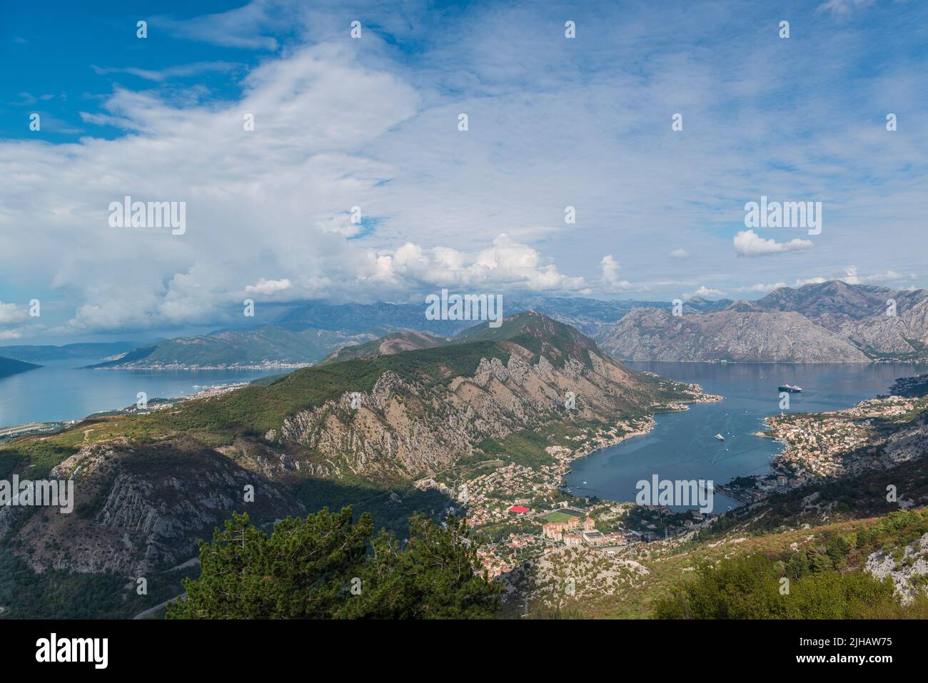 Panoramic view  of the Bay of Kotor, seen from the observation platform. Montenegro. Stock Photo