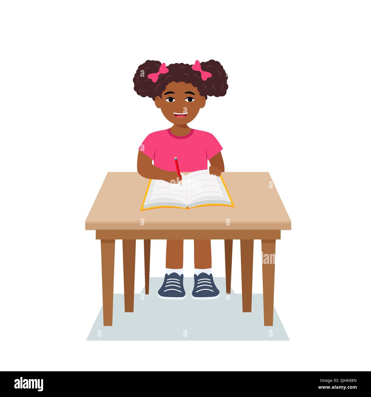 girl are writing, kids doing homework, maths at home. Cartoon cute little boy in red shirt Siting on the desk. The concept of learning age. Vector ill Stock Vector