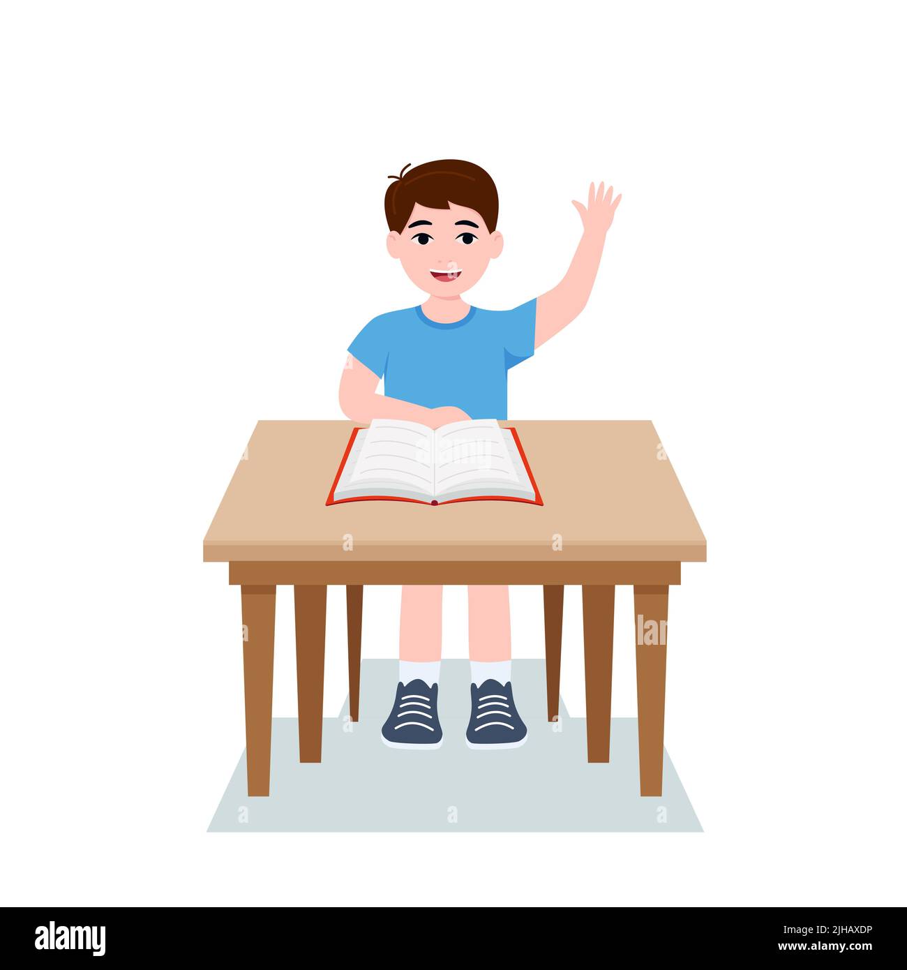 Boys are writing, kids doing homework, maths at home. Cartoon cute little boy in red shirt Siting on the desk. The concept of learning age. Vector ill Stock Vector