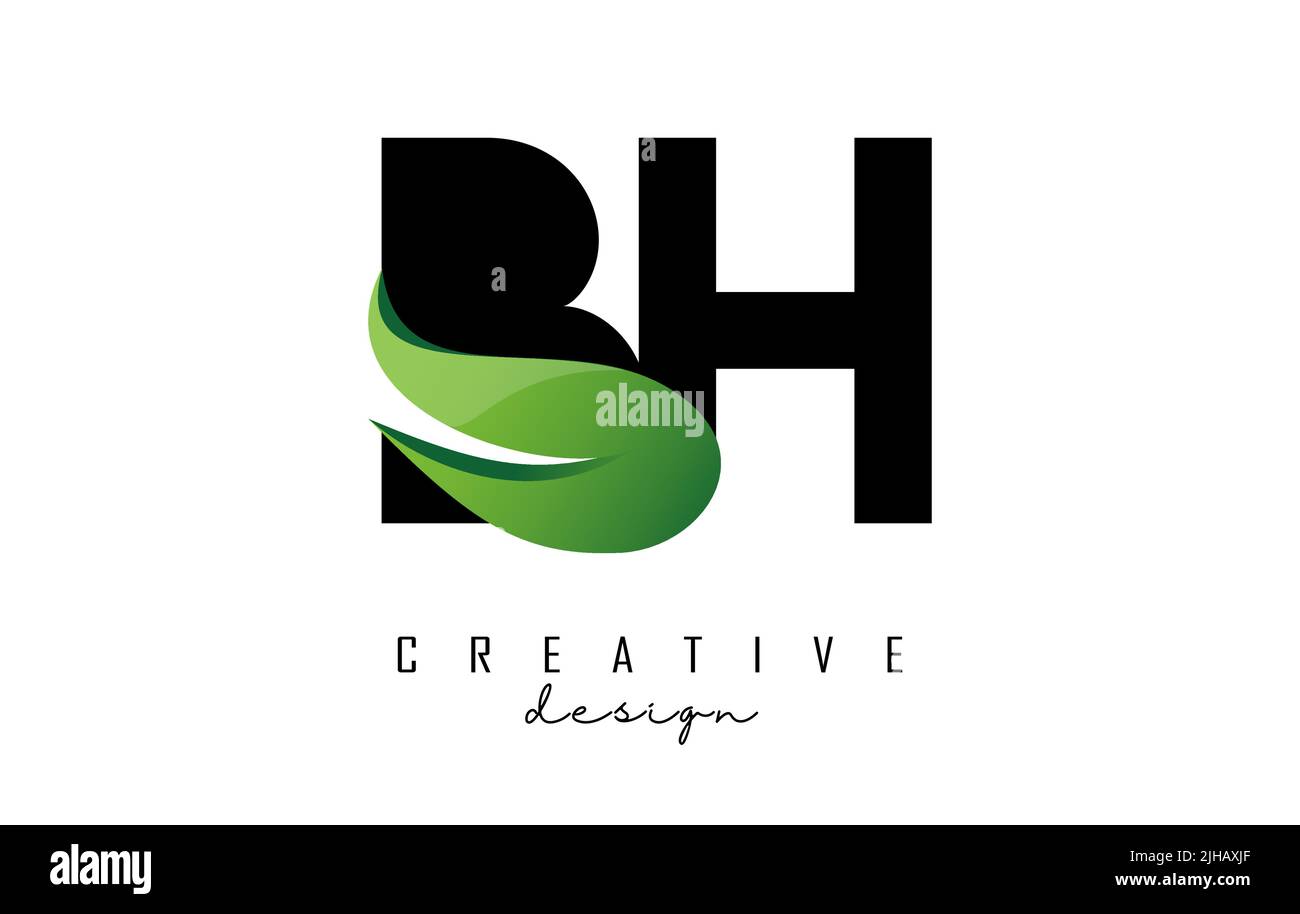 Vector illustration of abstract letters BH b h with fire flames and Green swoosh design. Letters logo with creative cut and shape. Stock Vector