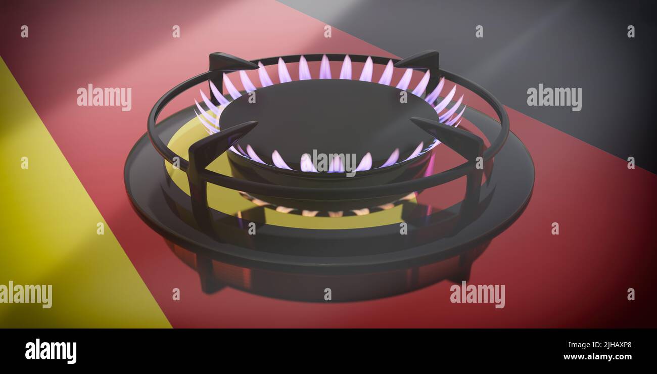 Burning gas, kitchen stove burner on German flag background. Cooking cost, Natural Gas supply in
