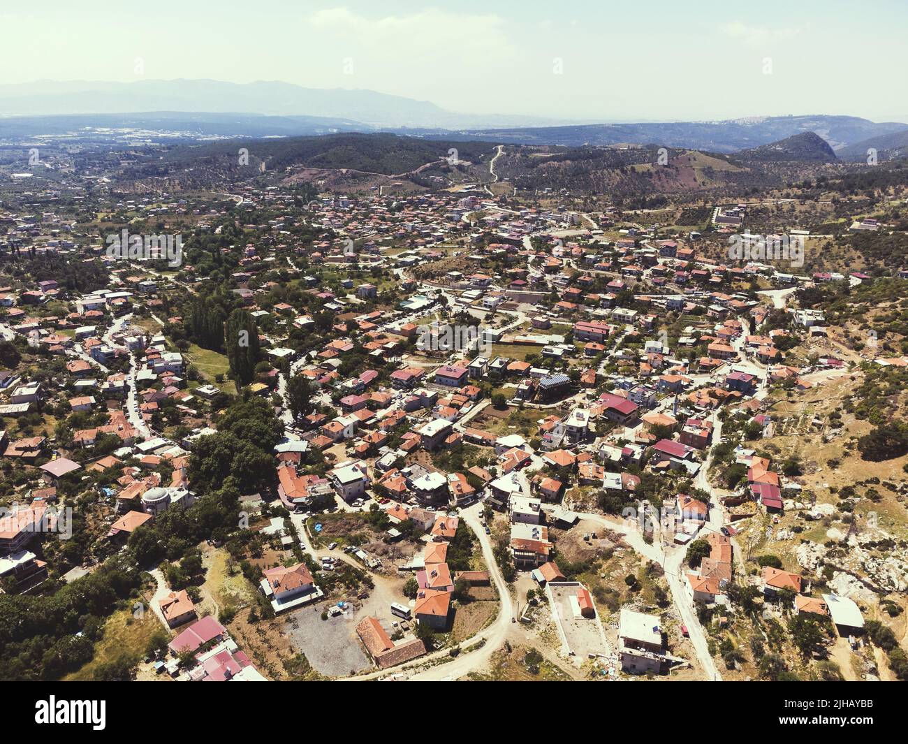 Izmir, Turkey - April 21, 2022: Aerial drone photo of Kaynaklar village in Izmir Turkey. Stock Photo