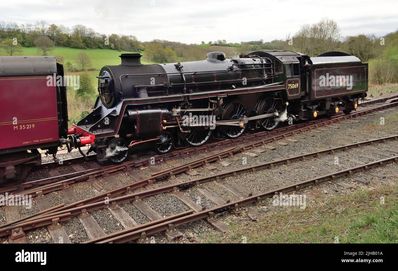 BR Standard class 4 No 75069 at Highley station on the Severn Valley Railway during its spring gala 2022. Stock Photo