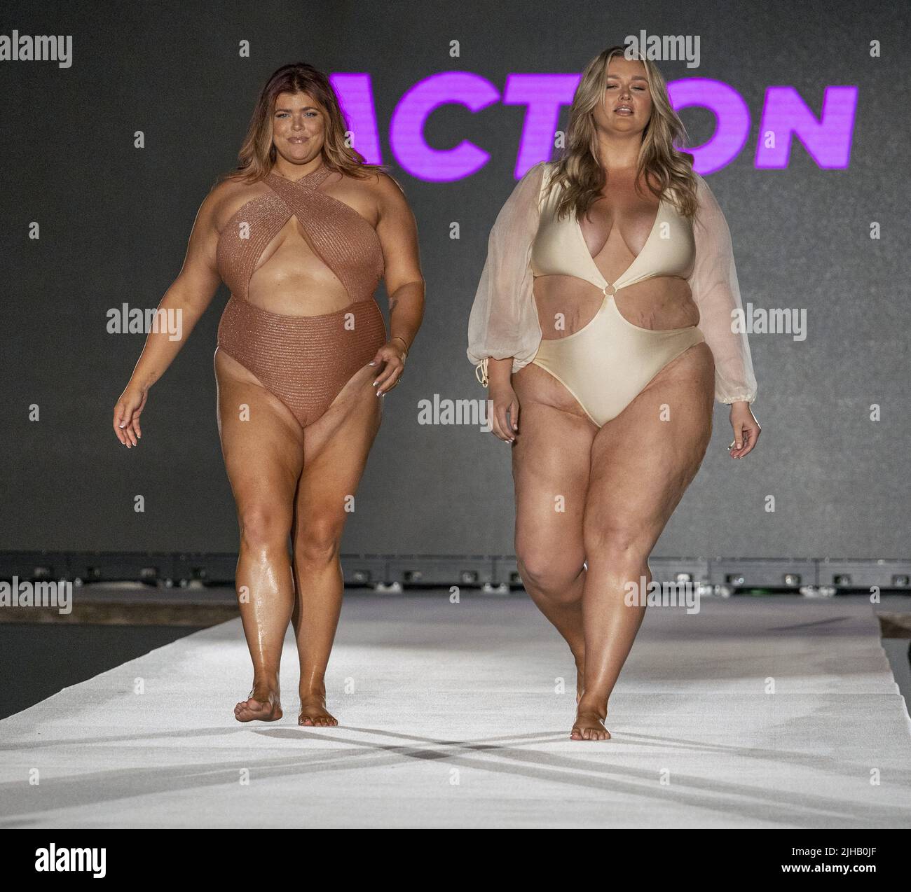 Miami Beach, United States. 16th July, 2022. (R-L) Hunter McGrady and Michaela McGrady walk in the 2022 Sports Illustrated Swimsuit runway show at the W hotel in Miami Beach, Florida on Saturday, July 16, 2022. Photo by Gary I Rothstein/UPI Credit: UPI/Alamy Live News Stock Photo