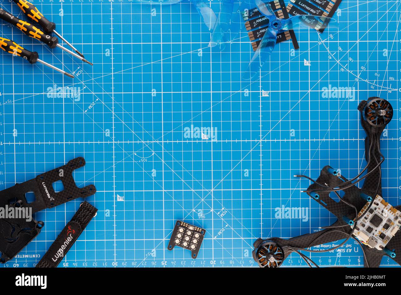 Lumenier QAV-R 2 DIY Drone assembly flat lay with Wera screwdrivers Stock Photo