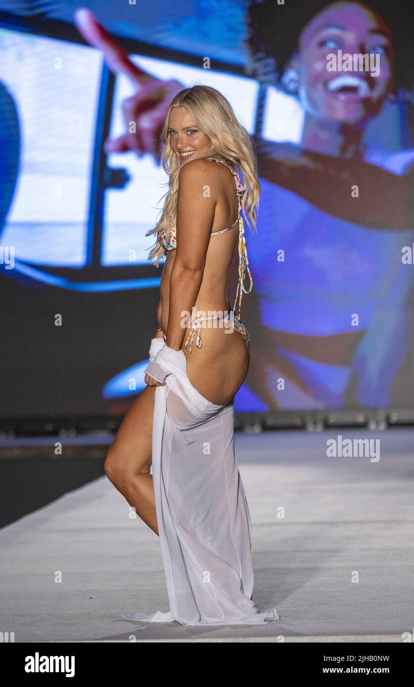 Camille Kostek walks  in the 2022 Sports Illustrated Swimsuit runway show at the W hotel in Miami Beach, Florida on Saturday, July 16, 2022.  Photo by Gary I Rothstein/UPI Stock Photo