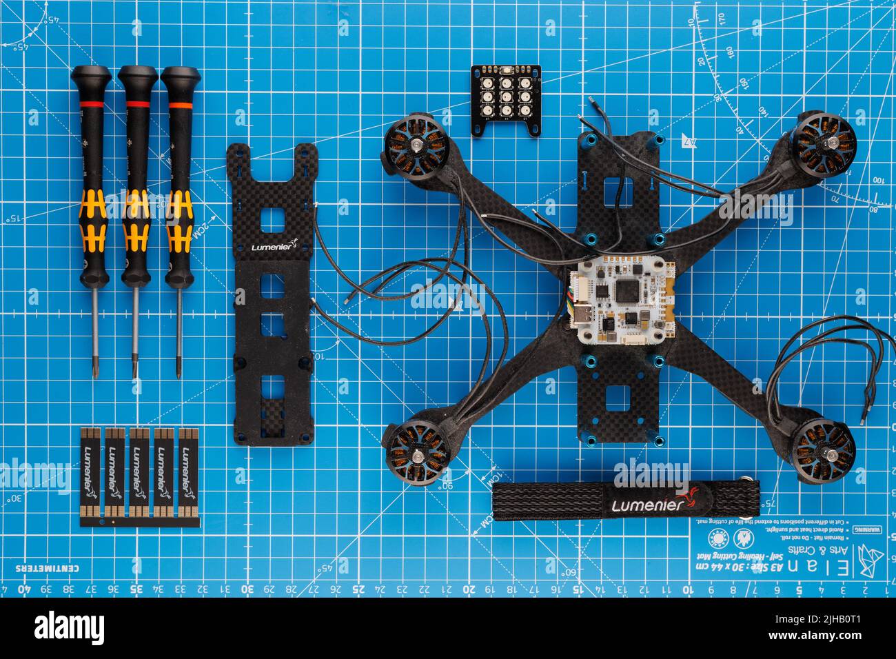 Lumenier QAV-R 2 DIY Drone assembly flat lay with Wera screwdrivers Stock Photo