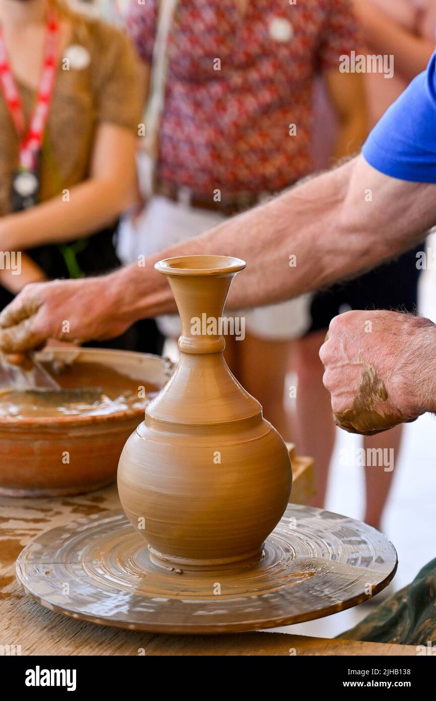 Rhodes, Greece - May 2022: New vase after clay has been shaped using a potter's wheel Stock Photo