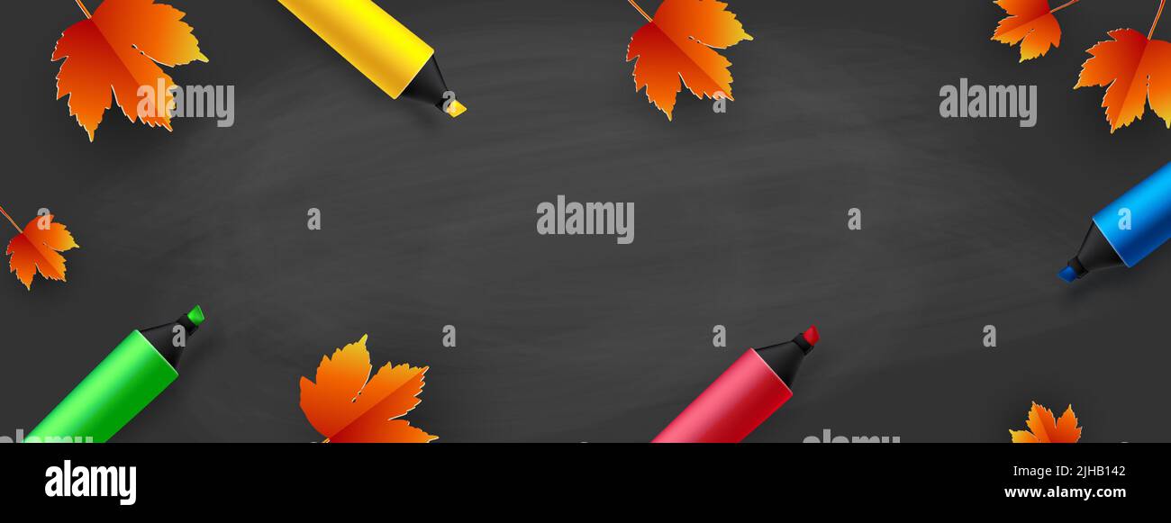 Back to school - blackboard with colored markers and autumn leaves ...