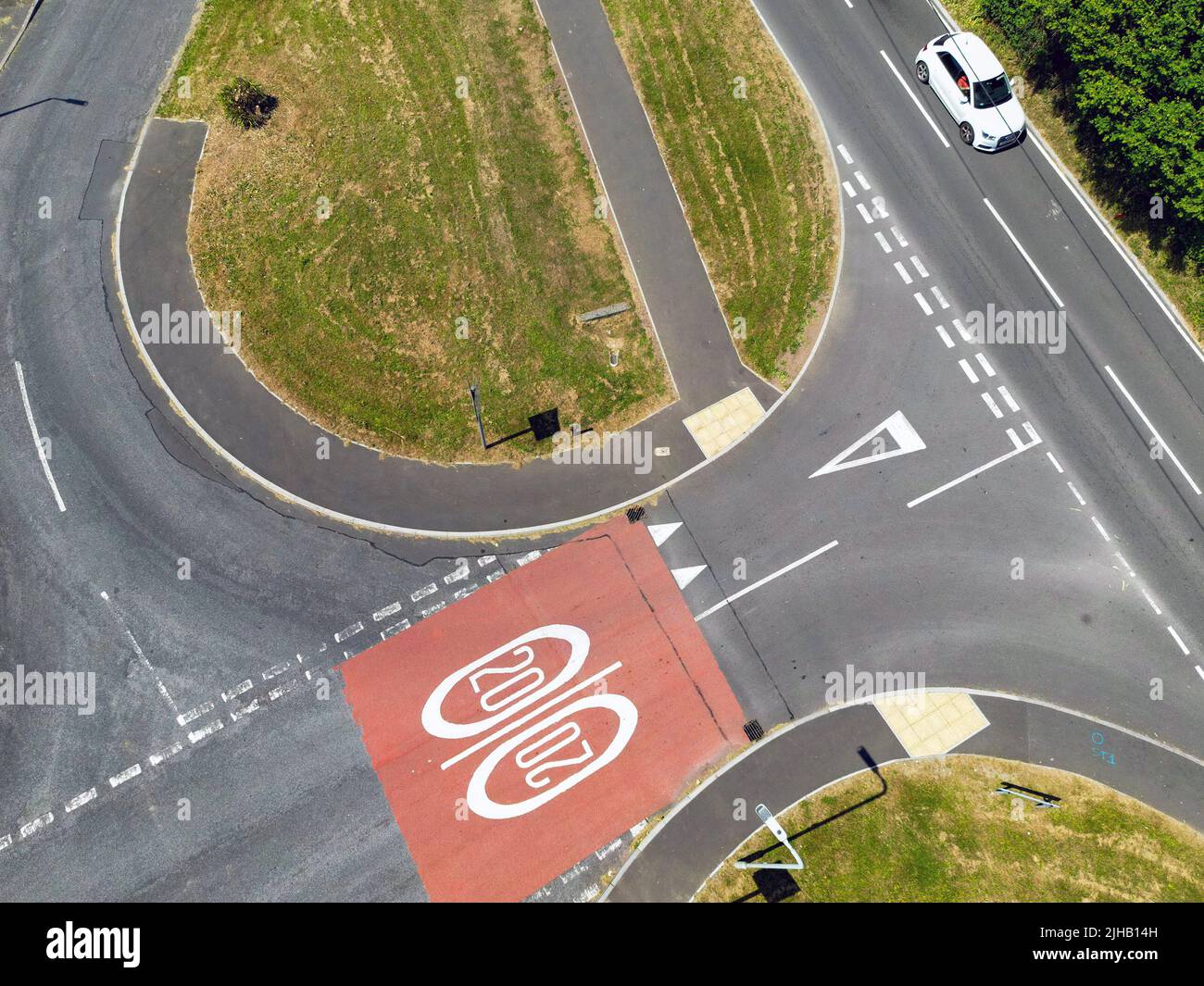 Llantrisant, Wales July 2022 Aerial view of road markings with a 20