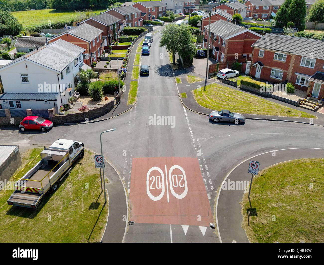 Llantrisant, Wales July 2022 Aerial view of road markings with a 20