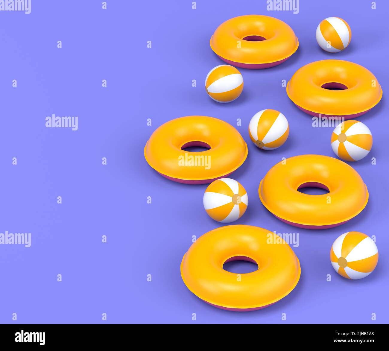Colorful inflatable rings and balls on blue background. 3D render of ...
