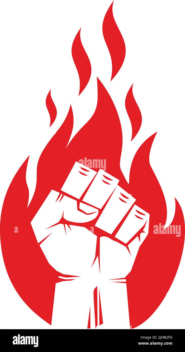 Silhouette of clenched fist of raised hand against the background of  flame. Vector on transparent background Stock Vector